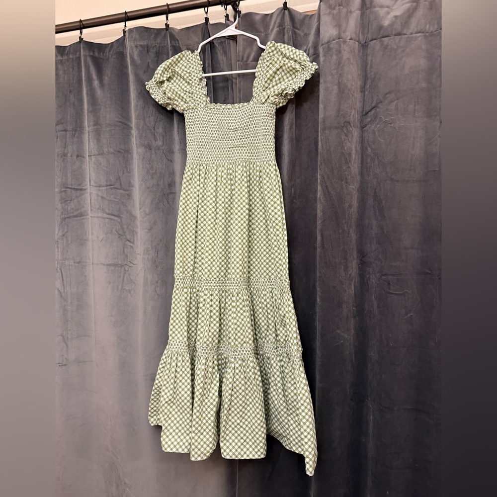 o.p.t Shopbop Green and White Gingham Midi Dress Square Neck Smocked
